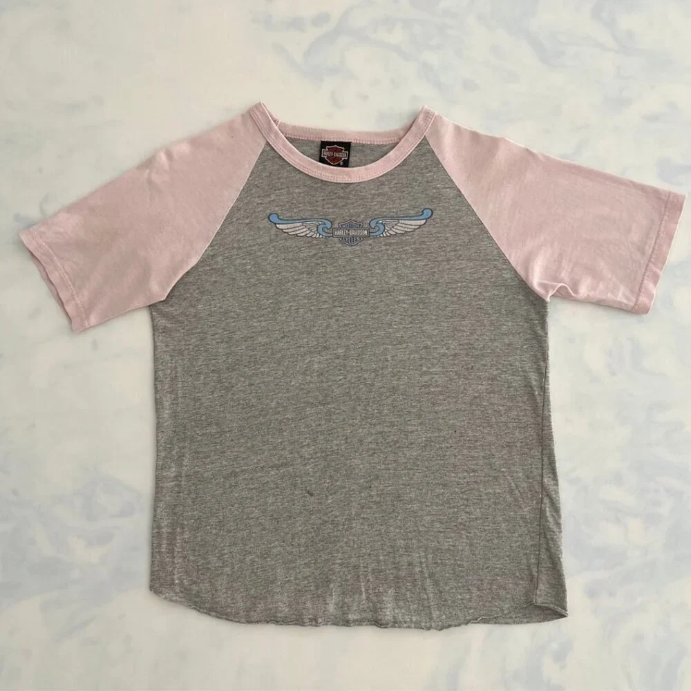Harley Davidson Cotton Grey & Pink Daytona Cap Sleeve Baby Tee Youth M